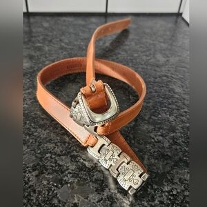 Fossil Vintage Western Link Belt M Tan Brown Leather Silver Boho Tooled BT2239